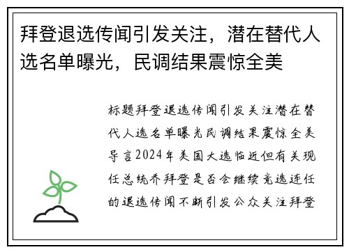 拜登退选传闻引发关注，潜在替代人选名单曝光，民调结果震惊全美