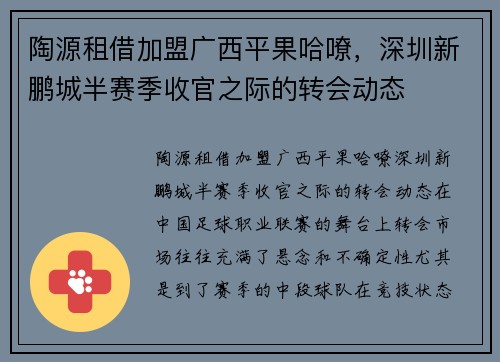 陶源租借加盟广西平果哈嘹，深圳新鹏城半赛季收官之际的转会动态